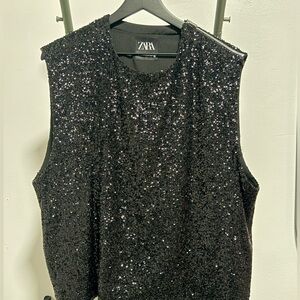 Zara Sparkling Black Sequin Muscle Tee